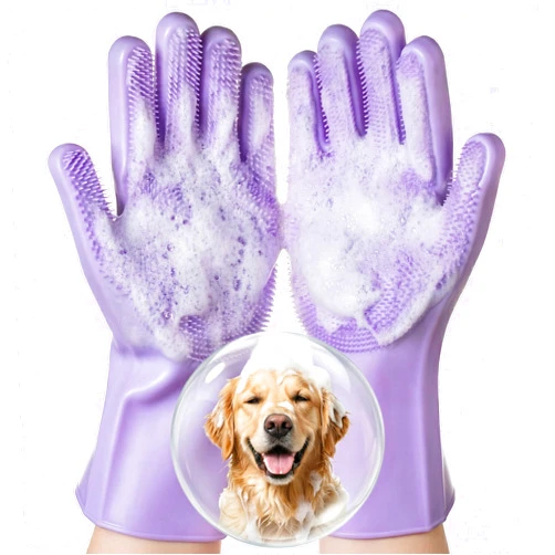 DELOMO Pet Grooming Gloves 1 Pair: Soft and Gentle Silicone Dog Washing Gloves - Bathing Scrubber Brush Mitt Grooming Shedding Fur Removal Massage for Dogs/Cats/Horse, Purple