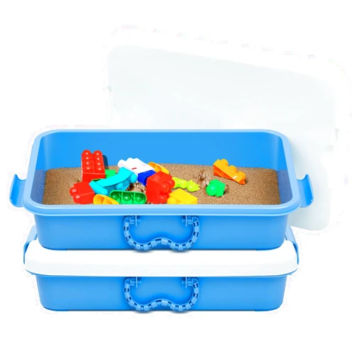 Domensi 2 Pcs Portable Sand Tray with Lid Sand Box with Handles Plastic Sandbox for Indoor Outdoor Sensory Activities, 14.96 x 9.84 x 3.35 Inch(Blue)