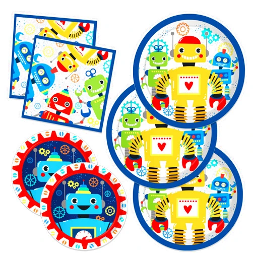 CC HOME Cartoon Robot Birthday Paper Plates Party Cartoon Robot Disposable Tableware Set Party Supplies Tissue Theme Dinnerware Cutlery Kits Serves 24 Guests for Party Plates Napkins 88PCS