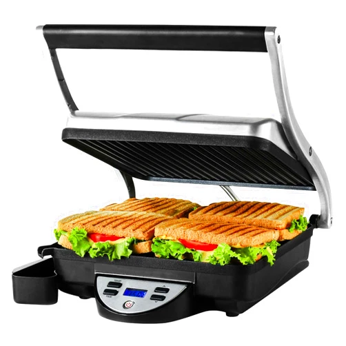 OVENTE Electric Panini Press Sandwich Maker, 1500W Indoor Grill with Nonstick Coated Plates, Digital Temperature and Timer Display, Removable Drip Tray, Perfect for 4-Slice Sandwiches, Silver GP1000BR