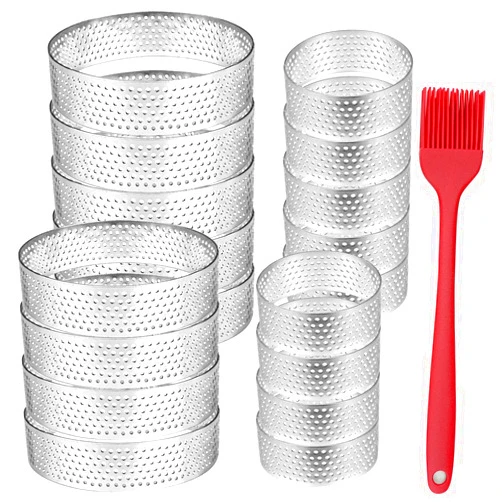Jtuxcke 20 Pack Tart Ring 3.15+4 Inch Perforated Tart Ring Stainless Steel Cake Rings, Metal Cake Ring Round Mousse Cake Ring for Baking Pastries, Small Fruit Tartet Crust