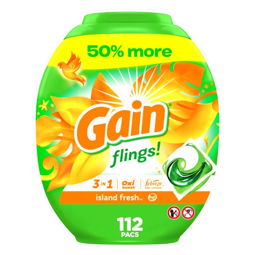 Gain Flings Liquid Laundry Detergent, Island Fresh Scent, 112 Count, HE Compatible