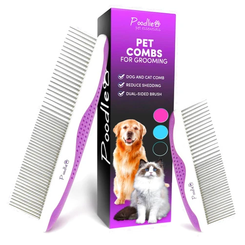 POODLIE Poodle Pet Dog Combs for Grooming | 2 Pack | Stainless Steel Teeth Easily Remove Dirt | Proper Care Prevents Knots and Mats for Long and Short Haired Pets |Anti-Slip Comfort Grip Handle| Purple