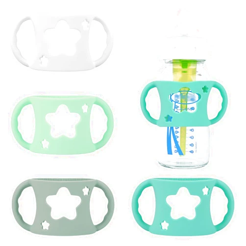 HUAKENER 4 Pack Baby Bottle Handles, Silicone Bottle Handles for Dr Brown Wide-Neck Baby Bottles (White+Blue+Green+Grey)