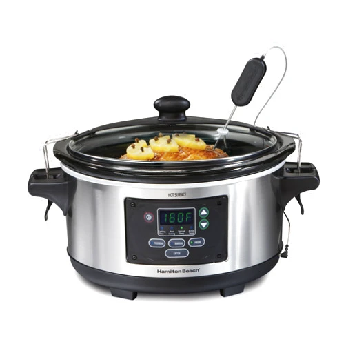 Hamilton Beach Portable 6 Quart Set & Forget Digital Programmable Slow Cooker Lock, Dishwasher Safe Crock & Lid, Temperature Probe, Stainless Steel