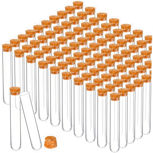 Thyle 100 Pcs Glass Test Tubes with Cork Clear Stoppers Round Bottom Lab Test Alcohol Tampons Glass Tubes Container Vials for Plants Scientific Experiments Candy Storage Party Favors (25x140mm/45ml)