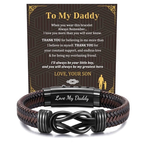 MEALGUET Men's Bracelets Gifts for Men - Brown Braided Leather Infinity Knot Bracelets Engraved Love Massage for Son Man Husband Boyfriend, Mens Bracelet Jewelry Gift for Birthday Valentine's