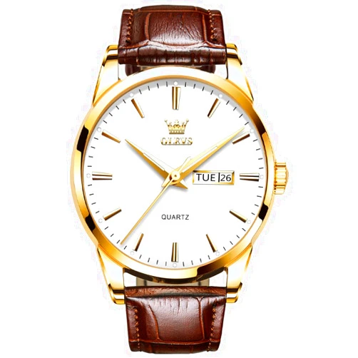 OLEVS Watch for Men Chronograph Brown Leather Gold Case Analog Quartz Fashion Business Dress Large Face Men Watch Day Date Luminous Waterproof Casual Male Wrist Watch Black/Blue/White Dial