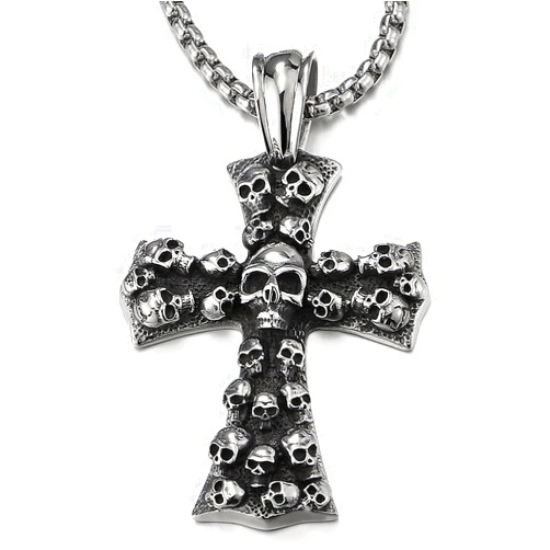 COOLSTEELANDBEYOND Mens Large Gothic Vintage Skulls Cross Pendant Necklace of Steel, Wheat Chain