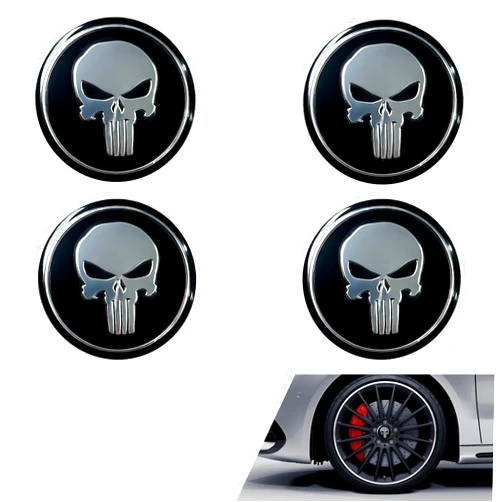 Yidcidu 4PCS Car Wheel Center Hub Cap Cover, Personalized Skull Print Wheel Hub Cap Decal, Metal Waterproof Scratch-Resistant Center Caps Protector for Rims, Universal for Most Vehicles (Black)