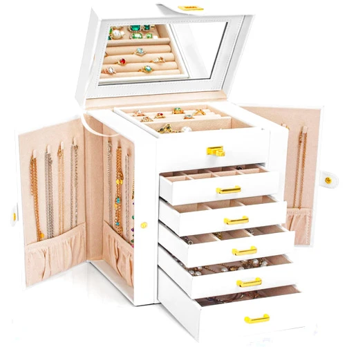 AKOZLIN Functional 6-Tier Jewelry Box Organizer with 5 Drawers Leather Jewelry Storage Case for Women Girls Ring Necklace Earring Bracelet Holder Organizer with Mirror White