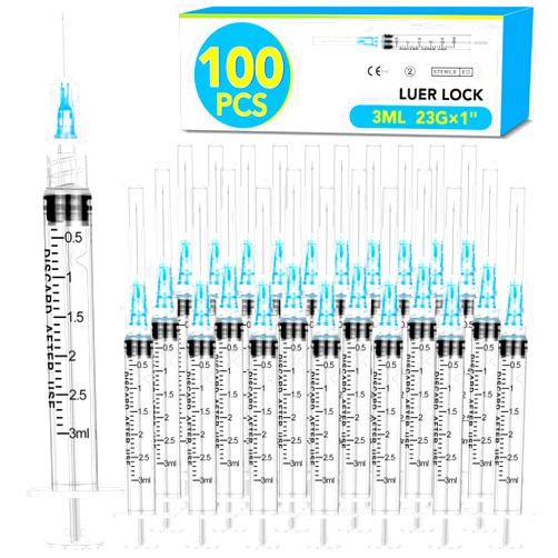 TENKAIWICK 100 Pack 3ml Syringes with Needle-23Ga 1 Inch Needle with Luer Lock, Individually Sealed Packaging