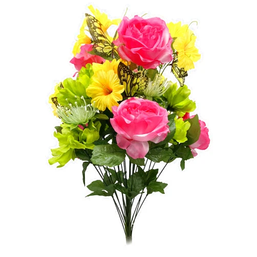 Admired By Nature ABN1B019-YW-MAG-BT Artificial Spring Flower Bush 24 Stem Open Rose/Cosmos Daisy Mix Bush, Yellow Magenta Beauty