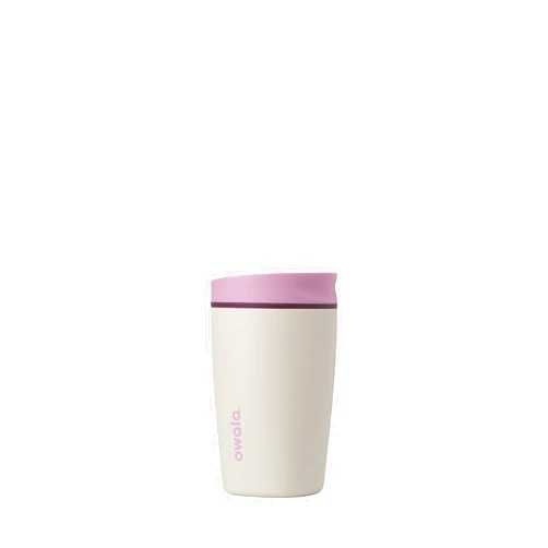 Owala SmoothSip Slider Insulated Stainless Steel Coffee Tumbler, Reusable Iced Coffee Cup, Hot Coffee Travel Mug, BPA Free 12 oz, Pink/Tan (Daybreak)
