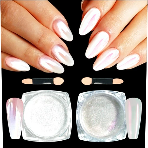 U-Shinein 2 Pcs White Pearl Chrome Nail Powder, Iridescent Mirror Effect Aurora Magic Pearlescent, Glitter Powder Holographic Pigment, Gorgeous Glazed Donut Nails Chrome Powder (Pearl White & Pink)