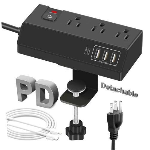 GLCONN Desk Clamp Power Strip USB C (20W PD Fast Charging) - Desktop Surge Protector with 3 Outlets 4 USB Ports - Edge Mount Power Strip Desk Outlet Station Plug Extender - Phone Office Desk Accessories