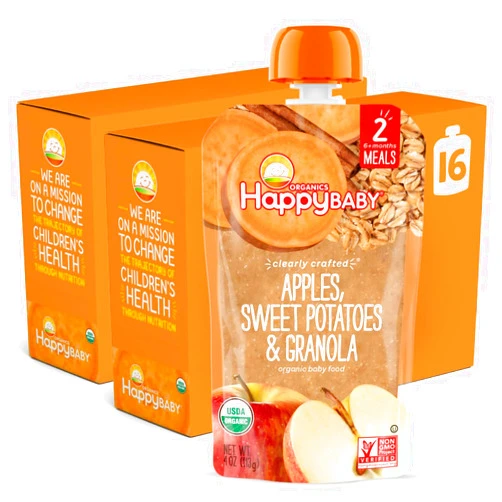Happy Baby Organics Stage 2 Baby Food Pouches, Gluten Free, Vegan & Healthy Snack, Clearly Crafted Fruit & Veggie Puree, Apples, Sweet Potatoes & Granola, 4 Ounces (Pack of 16)
