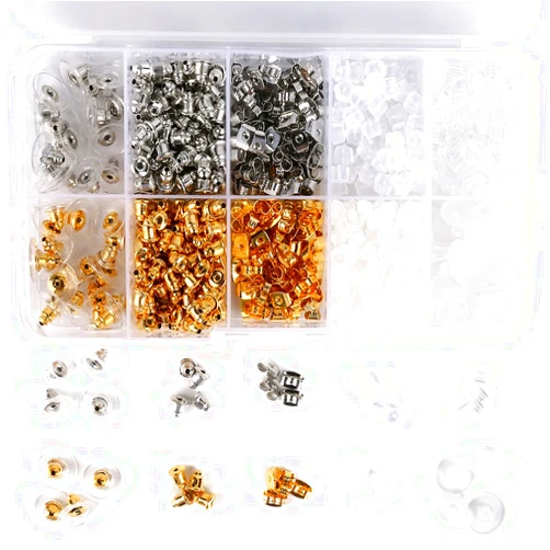 BetyBedy 1040pcs Earring Backs, BetyBedy 10 Styles Earring Backings Kit, Metal Plastic Rubber Earring Back Clips Bullet Butterfly Flower Shape