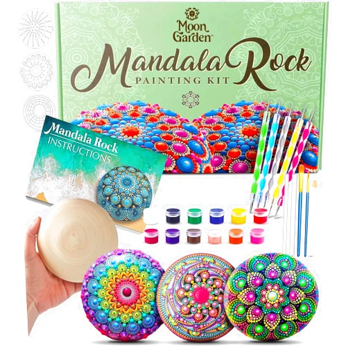 Moon Garden MoonGarden Mandala Rock Painting Kit - Mandala Dotting Tools Kit - Large Wooden Rocks for Painting, Stencils, Acrylic Paints, Dotting Tools for Rocks - Dot Art Kit for Adults & Kids