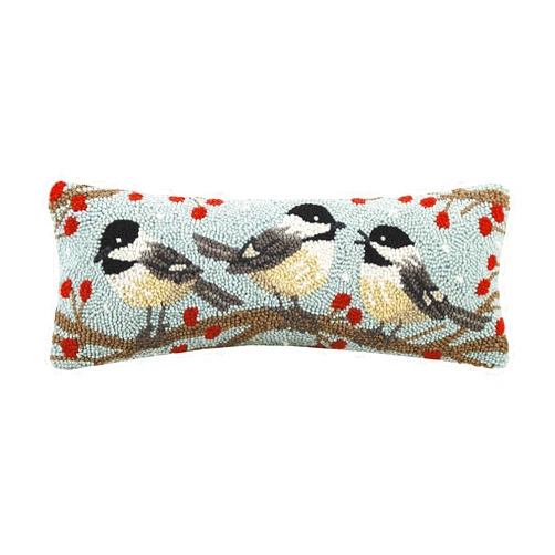 Peking Handicraft 31TG26C20OB Three Winter Chickadees on a Branch Holiday Hook Pillow, 20-inch Long