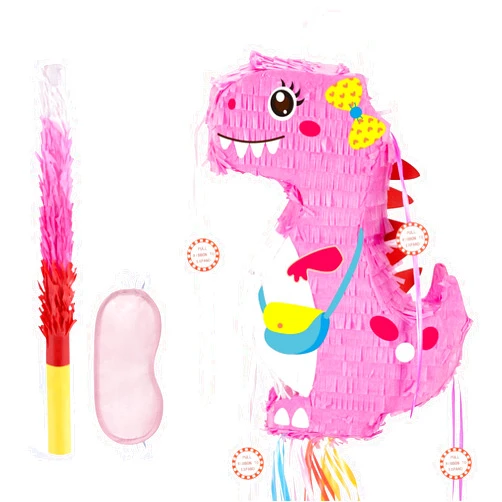 WERNNSAI Foldable Dinosaur Piñata - Pull String Dinosaur Birthday Party Supplies Extendable Piñata with Blindfold Bat and Tassels Dinosaur Birthday Decoration Pink Dinosaur Piñatas for Classroom Game