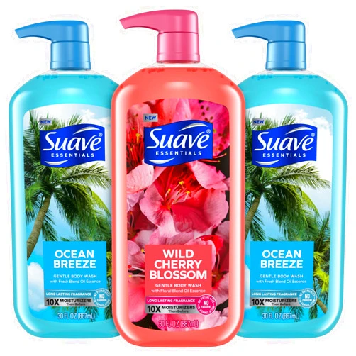 Suave Body Wash Variety Bundle – Ocean Breeze 2-Pack & Wild Cherry Blossom, Gentle & Moisturizing Body Washes with Vitamin E, 30 Oz Ea (3 Piece Set)
