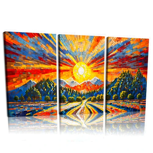 GYYLGYY 3 Pcs Mosaic Mountain Sunset Canvas Wall Art Colorful Abstract Landscape Canvas Print with Solid Wood Frame Modern Posters Prints Wall Decor 12x16 Inch for Living Room Bedroom Office