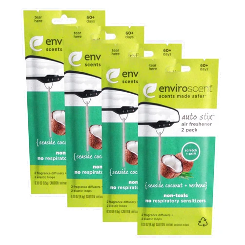 Enviroscent Autos-Sticks: Natural Car Air Freshener - Long-Lasting, Eco-Friendly, Non Toxic Hanging Air Freshener (Seaside Coconut + Verbena, 4 Packs)