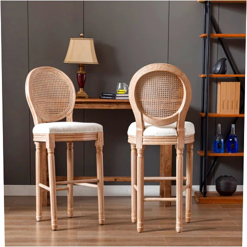 Nrizc French Country Bar Stools Set of 2, Farmhouse BarStools with Solid Wood Frame and Upholstered, Rattan Back Kitchen Bar Stool for Dining Room, Kitchen