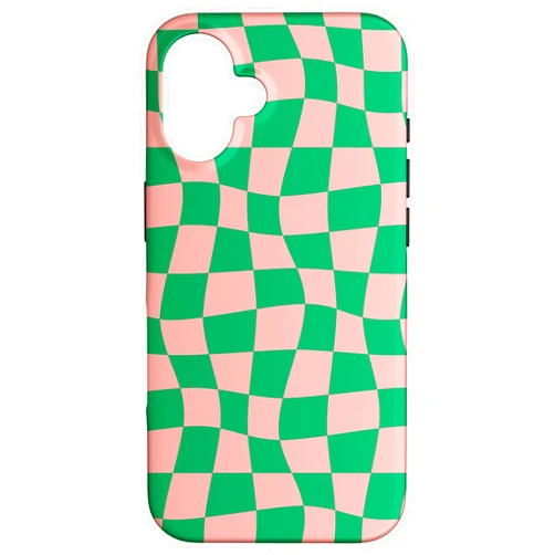 Cool Checkered Designs by LOU iPhone 16 Pink and Green Wavy Checkered Checker Checkerboard Aesthetic Case