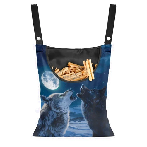 Yzaoxia Canvas Wolf Clothespin Bag Holder Portable Clothes Pin Bag for Clothesline Space Saving Wooden Clothespins Storage Bags for Outside Laundry Storage Organizer Roomy Pocket