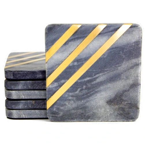 Cork & Mill Grey Marble Coasters Set of 6 - Real Natural Stone Gray and Black Coasters for Drinks - Luxury Aesthetic Modern Coasters - Black and Gold Semi Absorbent Stone Coasters