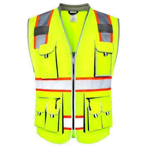 JKSafety 10 Pockets Class 2 Hi-Vis Zipper Front Yellow Safety Vest | Cushioned Collar | High Reflective Tapes with Extended Neon Orange Strips | Meets ANSI/ISEA Standards (X-Large, 89-Yellow)