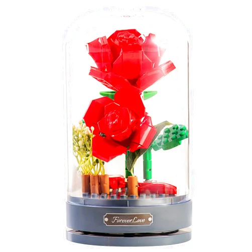 MEIEST Building Blocks Flowers Bouquet Set with Music Box and Dust-Proof Dome,Simulation Artificial Particle Flower Collection Construction Building Bricks Toy,Home Decor,6+ (Red Rose), (6198)