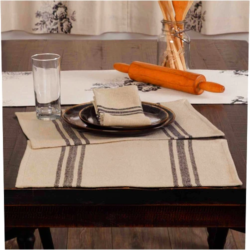 Piper Classics Mill House Stripe Black Placemats, Set of 4, Farmhouse Primitive Grain Sack Stripe Fabric Place Mats, Beige & Black