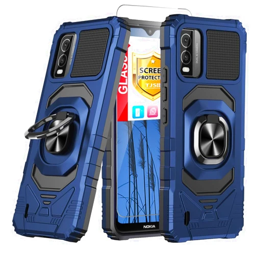 TJS Compatible for Nokia C210 Case, with Tempered Glass Screen Protector Metal Ring Magnetic Support Kickstand Heavy Duty Drop Protection Cover Phone Case for Nokia C210 (Blue/Black)