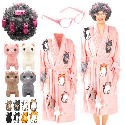 Liitrsh 23 Pcs Cat Lady Costume for Women Crazy Cats Costume with Robe Stuffed Old Lady Wig Patches Glasses