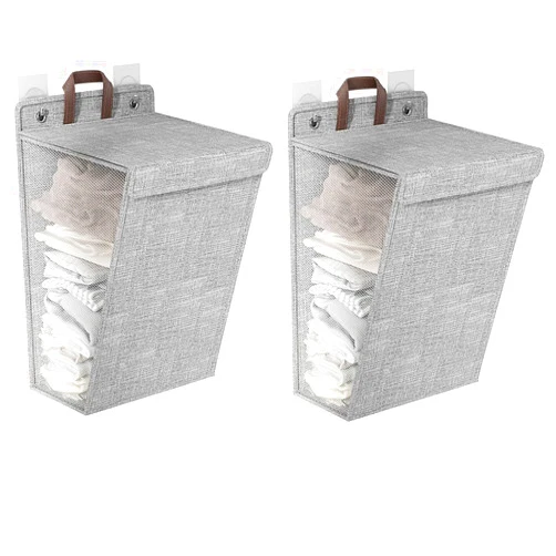 Rumcnjen 2 Pack Collapsible Laundry Hamper with Lid, Wall Hanging Laundry Bag with Sticky Hook, Storage Basket for Clothe and Toy, Laundry Hamper Great for RV LaundryRoom Dormitory Bathroom Bedroom Camper-Grey