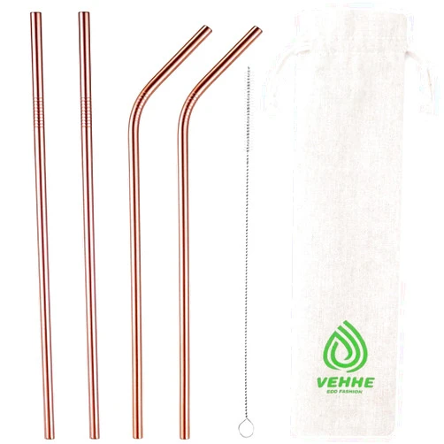 VEHHE Metal Straws Reusable Stainless Steel Straws Drinking Rose Gold 4 Set - Ultra Long 10.5