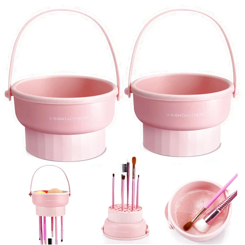 GOLIKEE 2 Pack Makeup Brush Cleaner Mat 3 in 1 Silicone Makeup Brush Cleaner Makeup Brush Cleaning Bowl Makeup Brush Sponge Scrubber Tool for Cleaning, Storage And Upside Down Drying（Two Pink