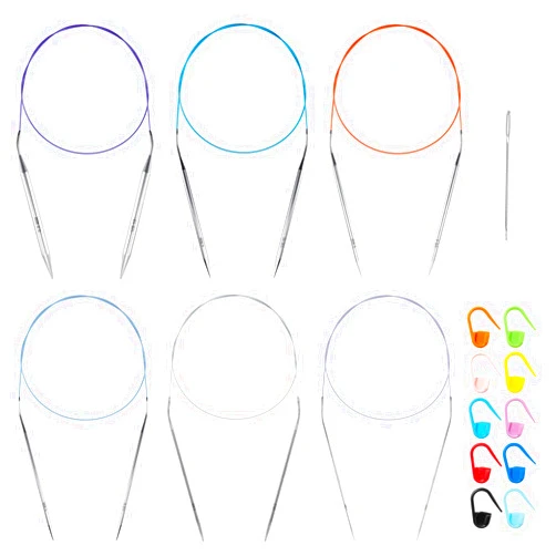 Coowayze 32 inch Stainless Steel Circular Knitting Needles Set for Beginners, 6 PCS US Size 0 2.5 6 8 10 13 Round Metal Knitting Needles with Magic Loop, Fixed Circle Needles for Sock, Blankets, Sweater, Scarf