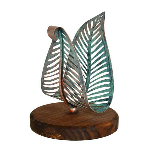 OwlGift Freestanding Modern Napkin Holder w/Golden Turquoise Metal Leaf & Brown Wooden Base Design, Tabletop Tissue Dispenser, Napkin Storage Organizer