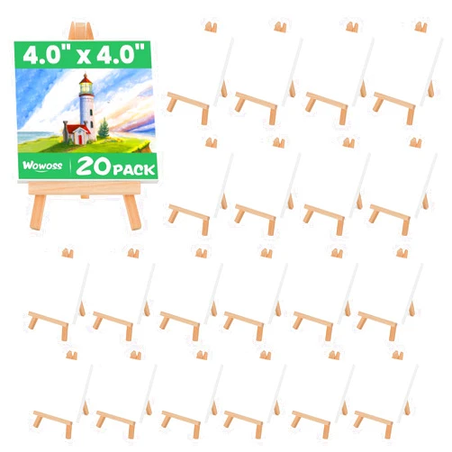 WOWOSS 20 Pack Mini Stretched Canvas with Wooden Easel, 4x4 Inch, Art Primed Canvases for Kids Painting, Acrylic Pouring, Oil Paint & Wet Art Media