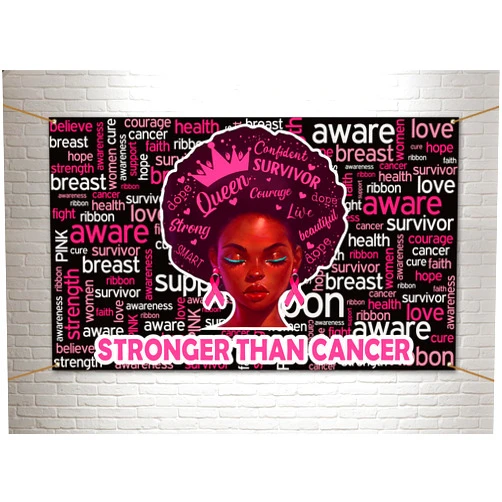 Pudodo Breast Cancer Awareness Backdrop Banner Stronger Than Cancer Pink Ribbon Support Photography Background Wall Decoration (3.6×5.9ft, Black)