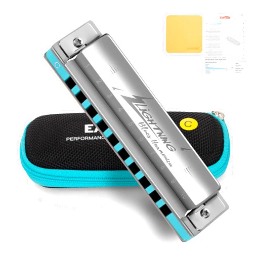 East top Harmonica, Advanced Blues Harmonica Key of C, 10 Holes Blues Harp Mouth Organ Harmonica with Silver Cover, Diatonic Harmonica For Adults, Professionals and Students, as a Gift