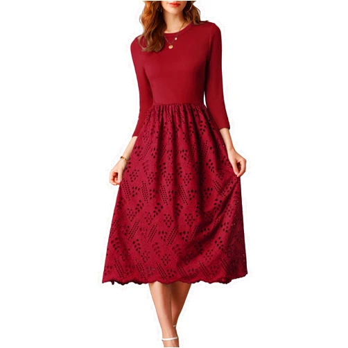 GRACE KARIN Womens Summer 3/4 Sleeve Dress with Pockets A Line Midi Eyelet Dress Empire Waist Casual Fall Flowy Dress