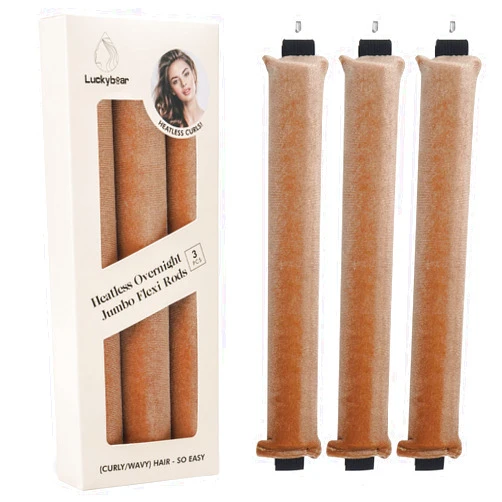 Luckybear Overnight Heatless Hair Curler Blowout Rods Jumbo, Heatless Curls Satin Jumbo Flexi Rods to Sleep in,Soft Heatless Rod for All Hair Types,No Heat Overnight Sleeping Curls Styling Tools 3pcs Khaki