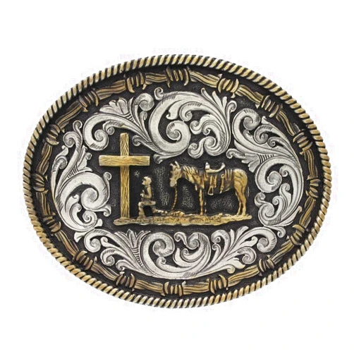 Montana Silversmiths Christian Faith Series Attitude Western Belt Buckle (Rope and Barbed Wire Christian Cowboy - Two-Tone)