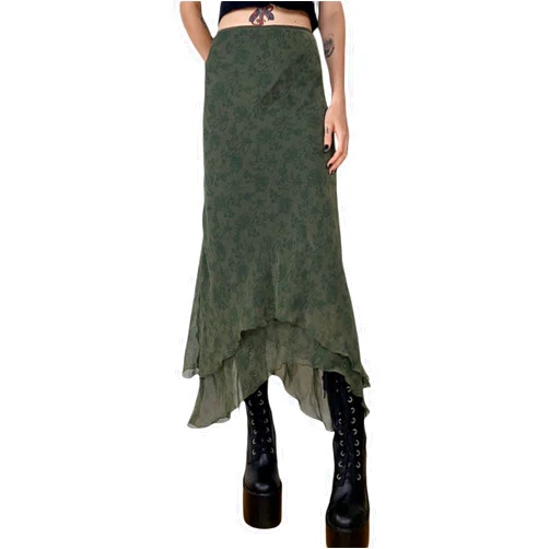 WZTYYDS Women's Vintage Floral Print Y2K Skirt Low Waist 90s Aesthetic Art Mesha-Line Midi Skirt Grunge Fairycore Streetwear (A Army Green, Small)