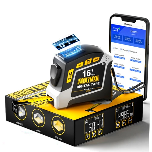 Alloyman 2-in-1 Digital Tape Measure, 16Ft Measuring Tape, 50 Groups Historical Memory, 6 Units Switch, 4 Measuring Modes, Auto Lock with Movable Magnetic Hook, Waterproof & Drop Proof, App Sync